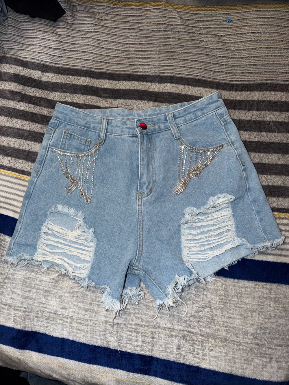 Light Blue Distressed Denim Shorts with Rhinestone Fringe